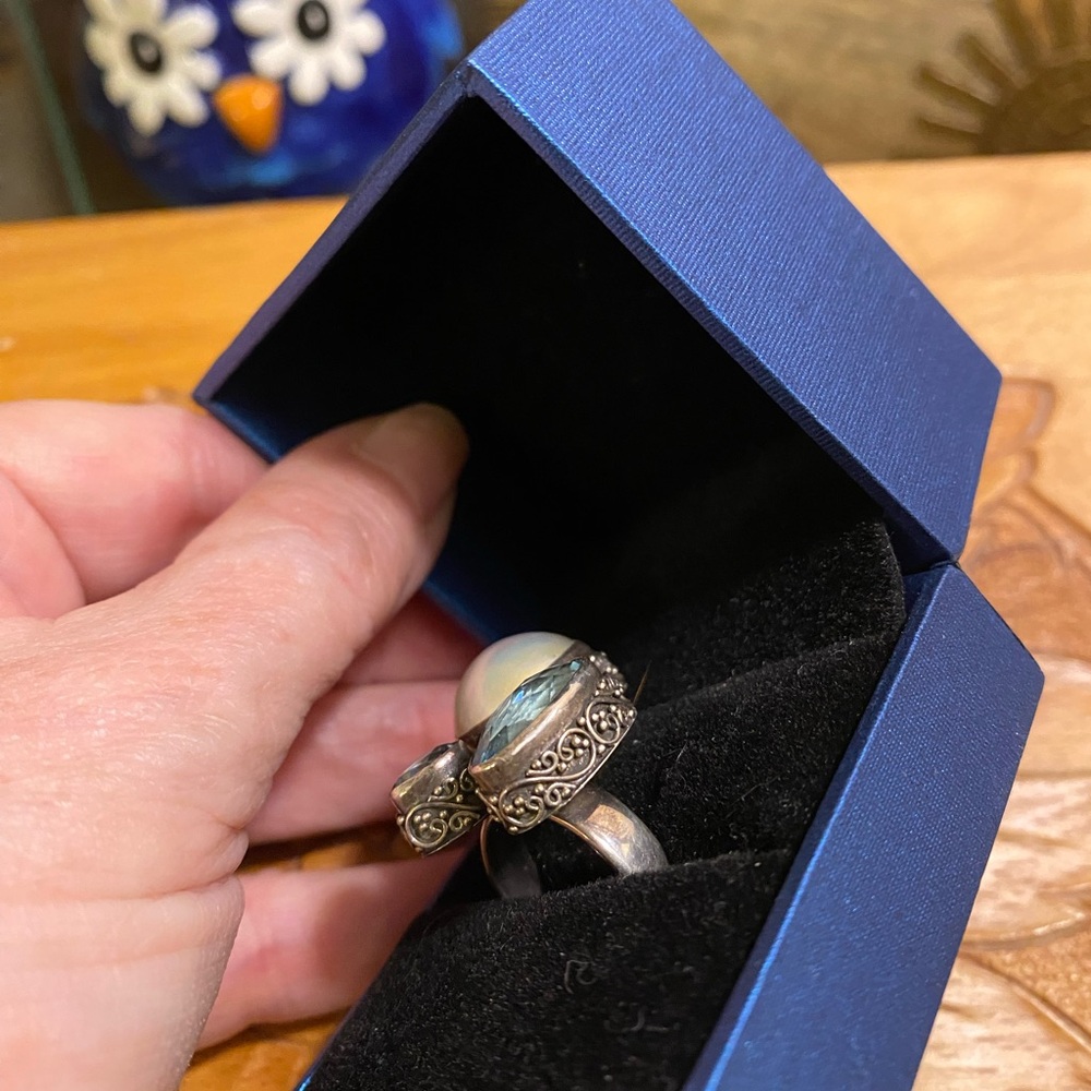 Beautiful Vintage Sterling Silver bypass ring with pearl and blue topaz - Picture 2 of 8